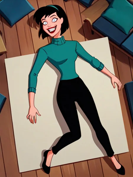 PonyXLV6_Scores, full body, store, wooden floor, <lora:thriftBTAS_PDXLver:0.8> thriftBTAS, black hair, short hair bob, black eyes, teal hairband, red lips, teal turtleneck sweater, black pants, black shoes, asleep, on floor, on back, from above, light green mist, <lora:JokerizedXL:0.6> jokerized, smile, grin, teeth, constricted pupils, crazy eyes, red lips