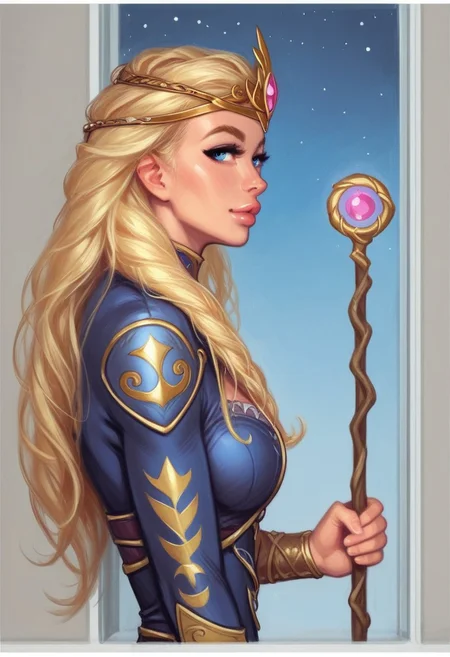 1girl, (((side view))), from front, solo, illustration, comic style, highly detailed, skinny, model body, looking at viewer, masterpiece, best quality, 1girl, masterpiece, best quality, fayenchantress, 1girl, solo, blonde hair, long hair, blue eyes, (young beauty, fit body:1.3), ((((magic shining orb in staff right hand, opened magic book in left hand)))), ((((full magic clothes, tiara)))), dynamic pose
<lora:FayEnchantress:0.9>
BREAK
(((dark magic Observatory inside, night sky in window:1.6)))) score_9, score_8_up, score_7_up, score_6_up, source_cartoon, rating_explicit, Expressiveh, ((((upper body))))), dynamic pose