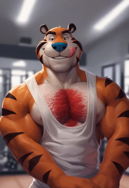 score_9, score_8_up, score_7_up, 1boy, tony the white tiger, handsome, furry, anthro, tail, sweaty, (realistic:1.4), ((red foulard)), muscular, pectorals, tank top, gym, looking at you, smirk, (chest hair), close up, details, high quality, nipple slip, licking lips, flirting<lora:EMS-57135-EMS:1.000000>, <lora:EMS-424204-EMS:0.800000>