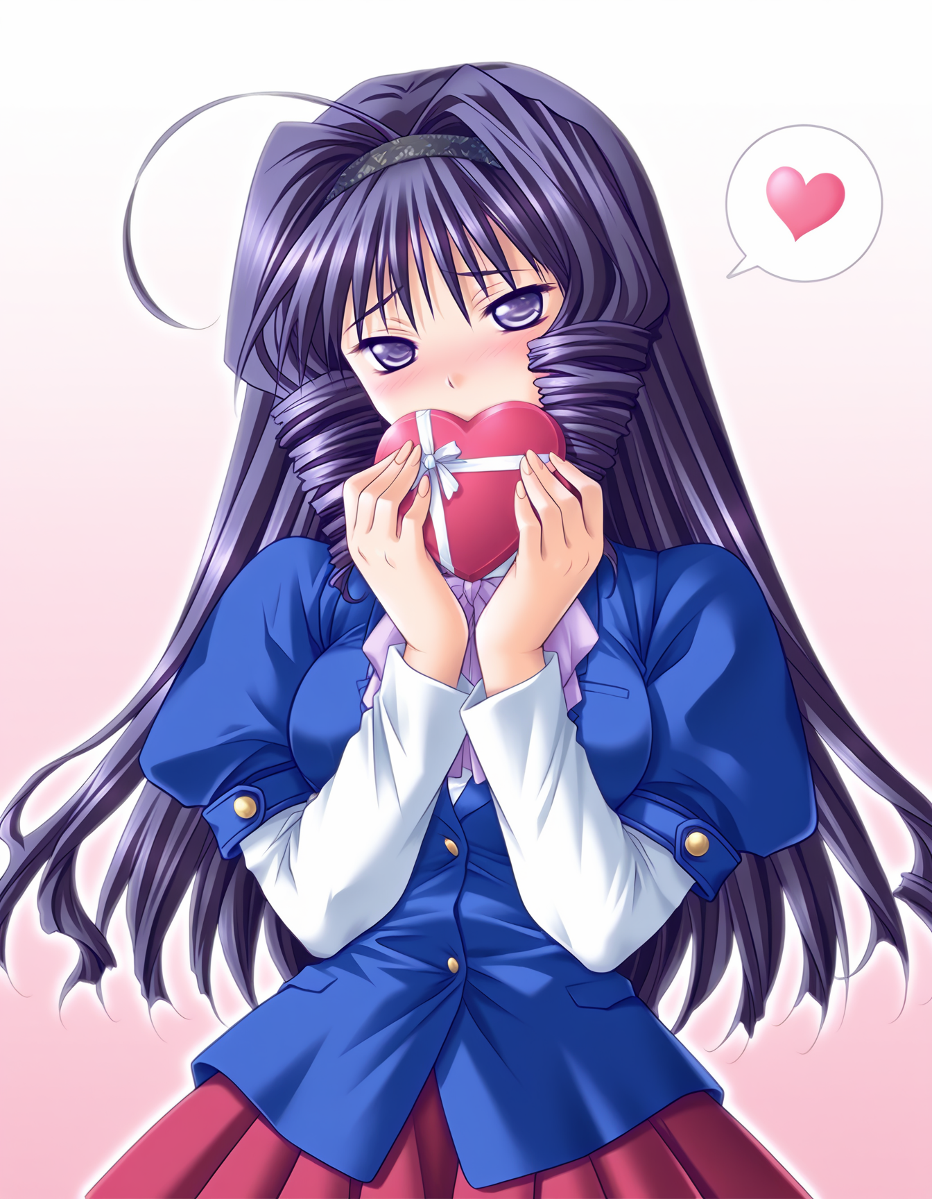 masterpiece, best quality, amazing quality, very aesthetic, absurdres, official art, ultra detailed, game cg, 
1girl, solo, kazamatsuri_ayane, ahoge, drill hair, long hair, drill sidelocks, purple hair, hairband, purple eyes BREAK
blue school uniform, red skirt, pantyhose, 
lovestruck, blush, head tilt, looking at viewer, spoken heart, standing, holding heart gift, hand over own mouth, gradient background, pink background, front view, upper body, highly detailed, best hands <lora:Kazamatsuri Ayane v1.0-000018:1>