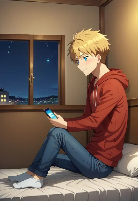 1boy, solo, anime, male focus, Yamato Ishida, blonde hair, blue eyes, red hoodie, jeans, socks, holding smartphone, sit, looking down, gente smile, blush, open eyes, side view,
indoor, bed, night,