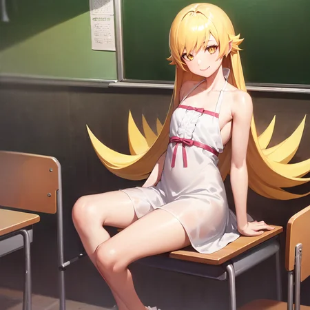 1girl, solo, oshino shinobu, tv_white, blonde hair, long hair, yellow eyes, white dress, bare shoulders, sandals, sitting, classroom, looking at viewer, smile <lora:char-shinobu-multi:1>