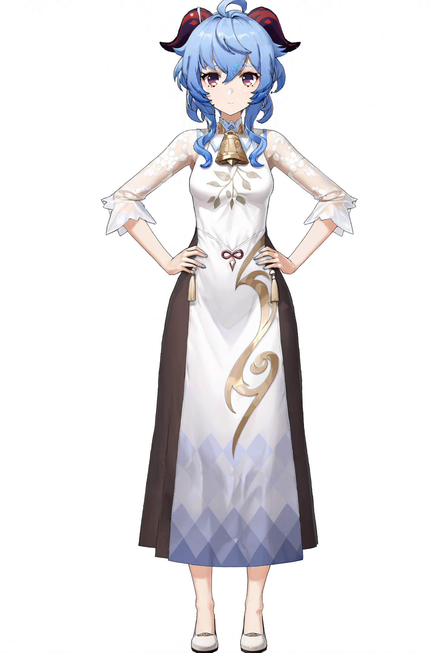score_9, score_8_up, score_7_up, score_6_up, 
8k, best quality, masterpiece, (ultra-detailed:1.1), (high detailed skin), 
(full body:1.4), white background, standing, looking at viewer, (solo:1.4), hand on hip, 
<lora:ganshenxian-A3-Tanger-000013:0.8>, ganyu \(genshin impact\), Ganyu's casual clothes, 1girl, horns, ahoge, sidelocks, bangs, blue hair, looking at viewer, purple eyes, 
(white background, simple background:1.3), 
(beautiful_face), ((intricate_detail)), clear face, 
((finely_detailed)), fine_fabric_emphasis, 
((glossy)), full_shot,