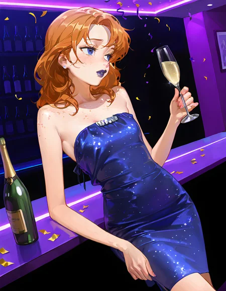 nsfw, year 2024, best quality, recent, very awa, masterpiece, score 9, score 8 up, score 7 up, 1girl, 19 years old, mature eyes, Galaxy in her eyes, \\(dark lipstick\\), imperfect skin, detailed face, detailed eyes, hot, casual photo, classy makeup, freckles,
1woman, solo, Maya, thick butt, modern and cute, tight waisted body, hot, freckles, skinny, flat chested, lovely, concerned, sexy, Expressiveh, 1nc4s3, \\(boudoir photos\\), wide angle,
strapless dress, \\(orange\\) dress, sideboob, sleeveless,
Setting, indoors, Purple walls, moody, dance club,  bar, foggy, misty, \\(holding champagne glass in left hand\\), \\(holding champagne bottle in right hand\\), confetti everywhere, confetti floating around her, \\(HAPPY NEW YEARS\\), embedding:safe pos, embedding:safe pos