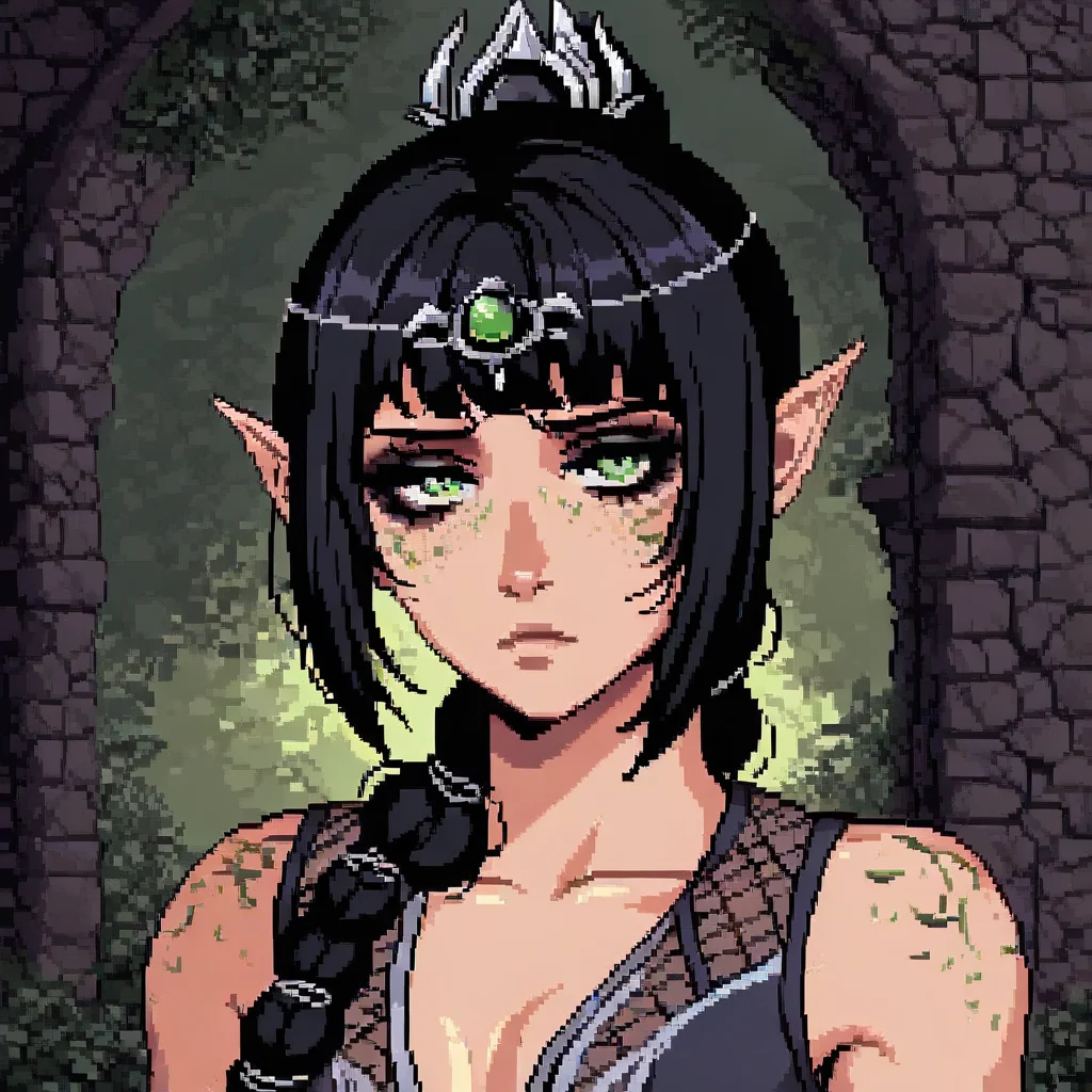 masterpiece, best quality, newest, absurdres, highres, DPAV1.0, pixel art, 1girl, shadowheart \(baldur's gate\), long braid, elf, pointy ears, black hair, braid, side bangs, green eyes,