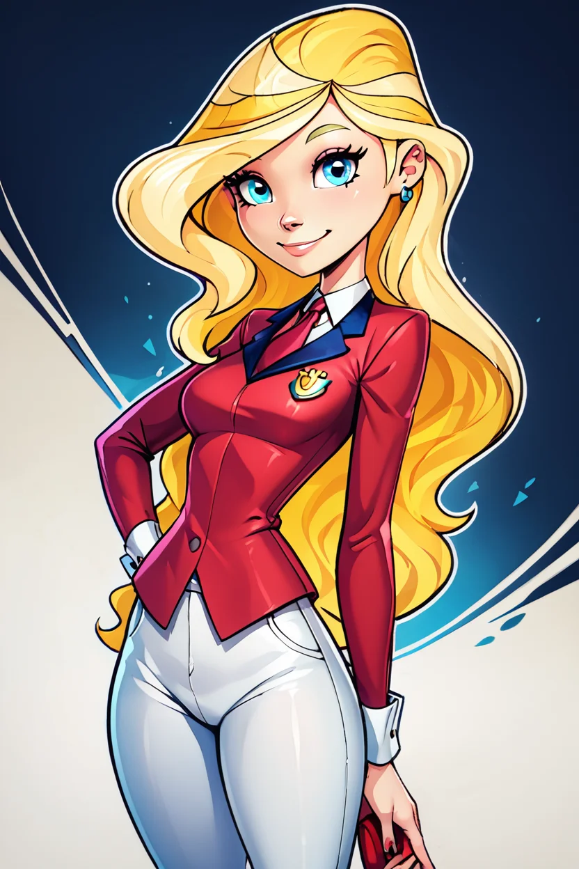 score_9, score_8_up, score_8, medium breasts, (curvy), cute, eyelashes, ,,, , zzSarahWhitney, blue eyes, blonde hair, long hair, red shirt, necktie, white pants, <lora:SarahWhitneyHorseland_PDXL:1.0>, , BREAK, smile, looking at viewer, ,,, abstract background, white outline, cowboy shot, ,,, embedding:zPDXL, Expressiveh, ,,, <lora:CatalystStylePDXL:0.6>, <lora:SDXLFaeTastic2400:0.5>, <lora:Expressive_H-000001:0.4>,