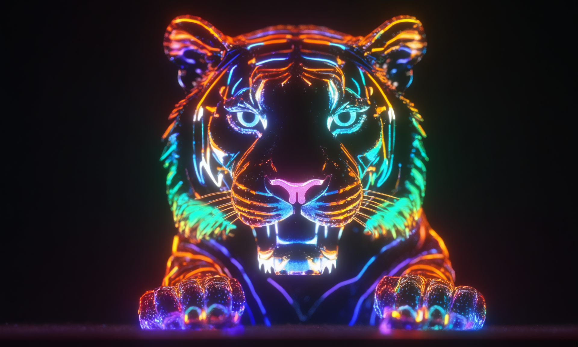 <lora:shineglasscd_xl-000005:0.7>,a (shineglasscd_xl,shine glass,neon lights,light particles,colorful:1.3,gradient,chromatic aberration) mechanical tiger,no humans,long-focus,tilt-shift,dark background,simple background,full body,chinese zodiac,cutie,cute,still life,front view,facing viewer,looking at viewer, emotional,harmonious,high budget,moody,epic,gorgeous,perfect lighting,realistic,photorealistic,photographic,photo (medium),real,moody lighting,volumetric lighting,reality ray tracing,8K,HDR,UHD,masterpiece,best quality,highly detailed,high resolution,finely detail,extremely detailed,ultra detailed,wallpaper
