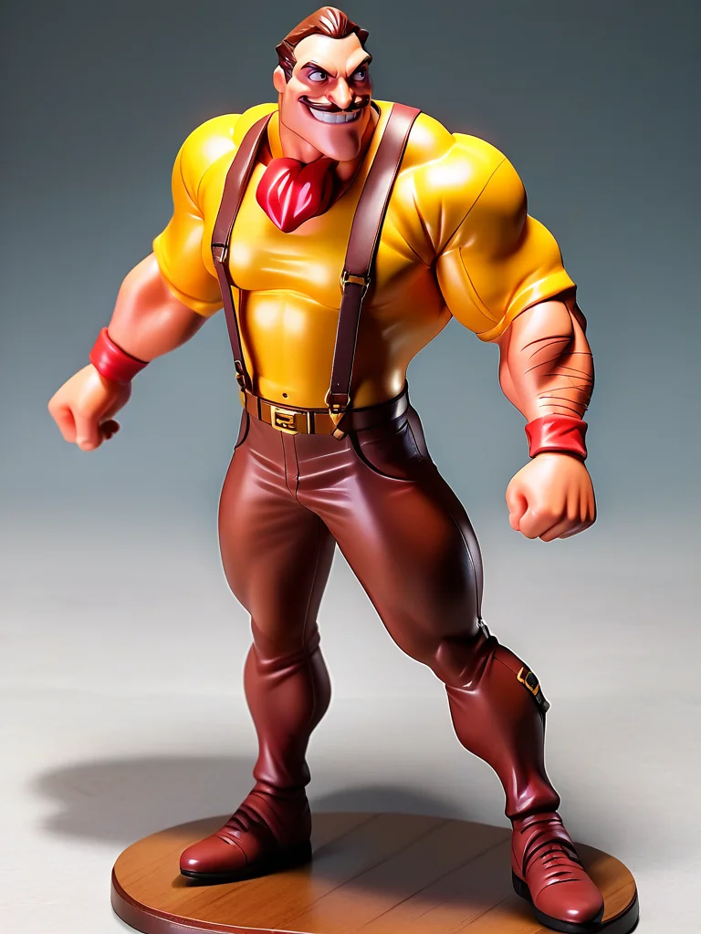 score_9, score_8_up, score_7_up, score_6_up, 1boy, double biceps pose, full body, (dynamic pose:1.1), dynamic angle, simple background, front,
<lora:Clayton_character:1>, ClaytonXLP, arm hair, short hair, black eyes, brown hair, yellow shirt, pants, suspenders, grin, wristband, red ascot, mustache, muscular male, cartoon, <lora:Anime_Figure_P1:0.85> figure