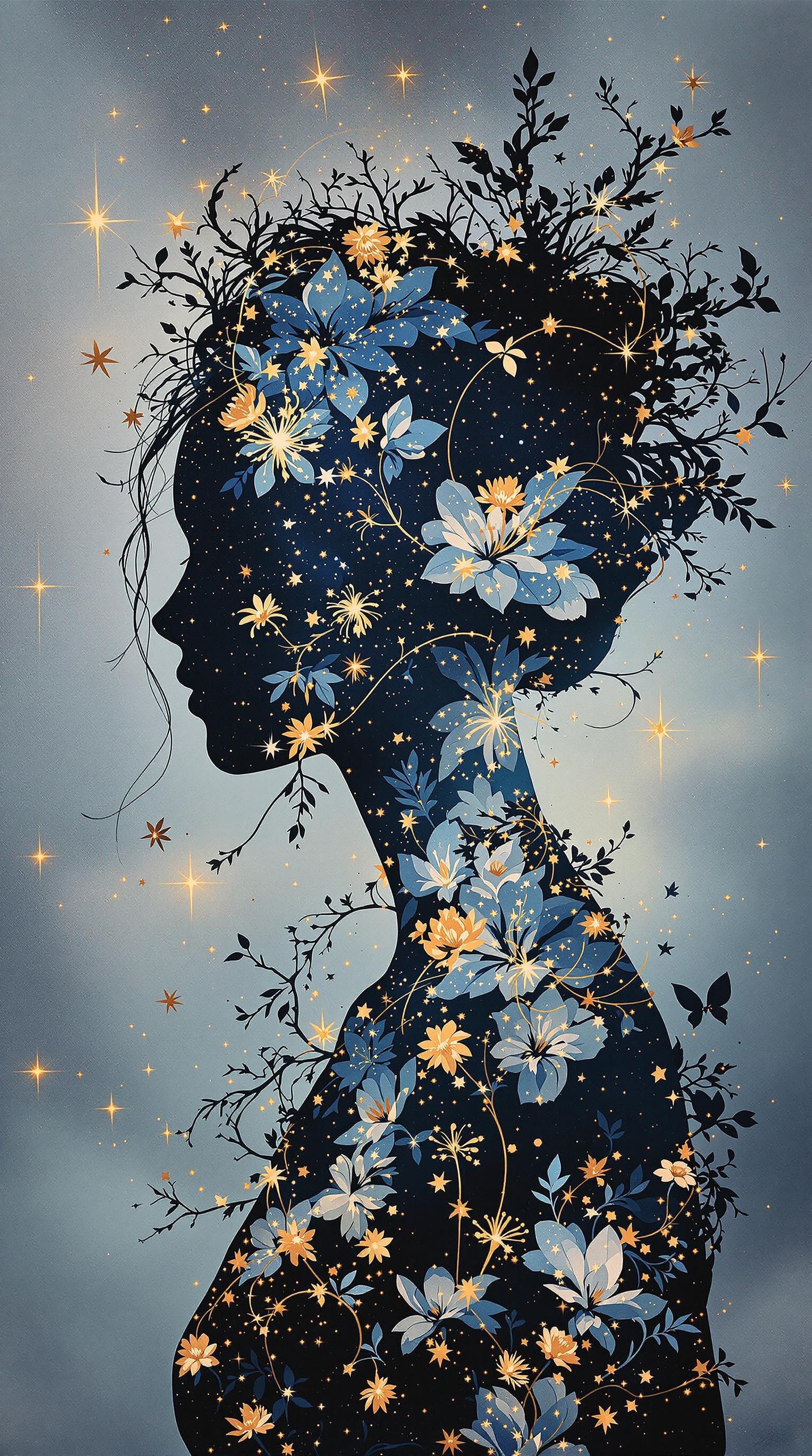"Imagine a hyperdetailed fine art piece: a female silhouette moves through a half day half night forest Dreamscape. Her form is a captivating double exposure, filled with a night sky where stars morph into iridescent gold floral constellations, a style reminiscent of Brandon Kidwell's imaginative compositions and Conrad Roset's elegance. The 'night vs day' theme is subtly present in the shifting light. An oil and ink canvas with artistic ink splatters, super dramatic light, and amazing depth creates a mood of mystical connection and otherworldly beauty, with nods to Andreas Lie, Dan Mountford, Agnes Cecile, and Jeremy Mann."