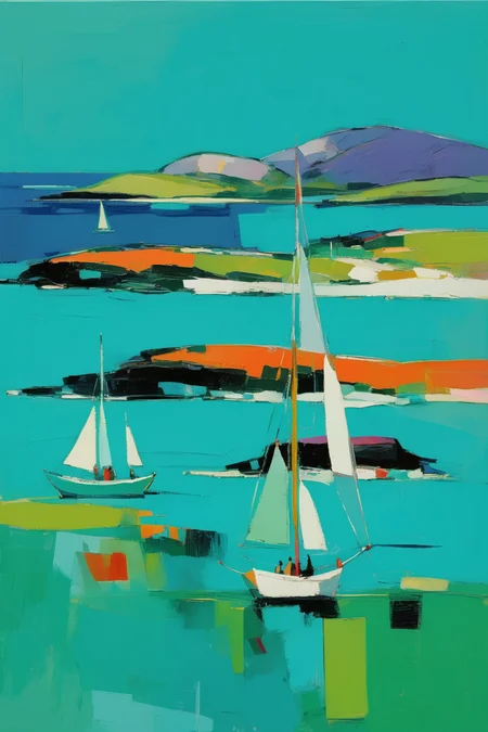 <lora:Raimonds Staprans Style:1>Raimonds Staprans Style - 102076. A painting by Raimonds Staprans. A painting of the Isle of Mull and Iona illustrates the enchanting vistas and diverse landscape of these Scottish islands in the Inner Hebrides through a captivating blend of Cubist and Fauvist styles. The vibrant scene depicts sailboats sailing through the turquoise waters surrounding the Isle of Mull and Iona, framed by the historic Iona Abbey and the lush, rolling hills in the background, portrayed in fragmented shapes and brilliant colors. The composition conveys a sense of wonder and the magical charm of sailing in this picturesque location.