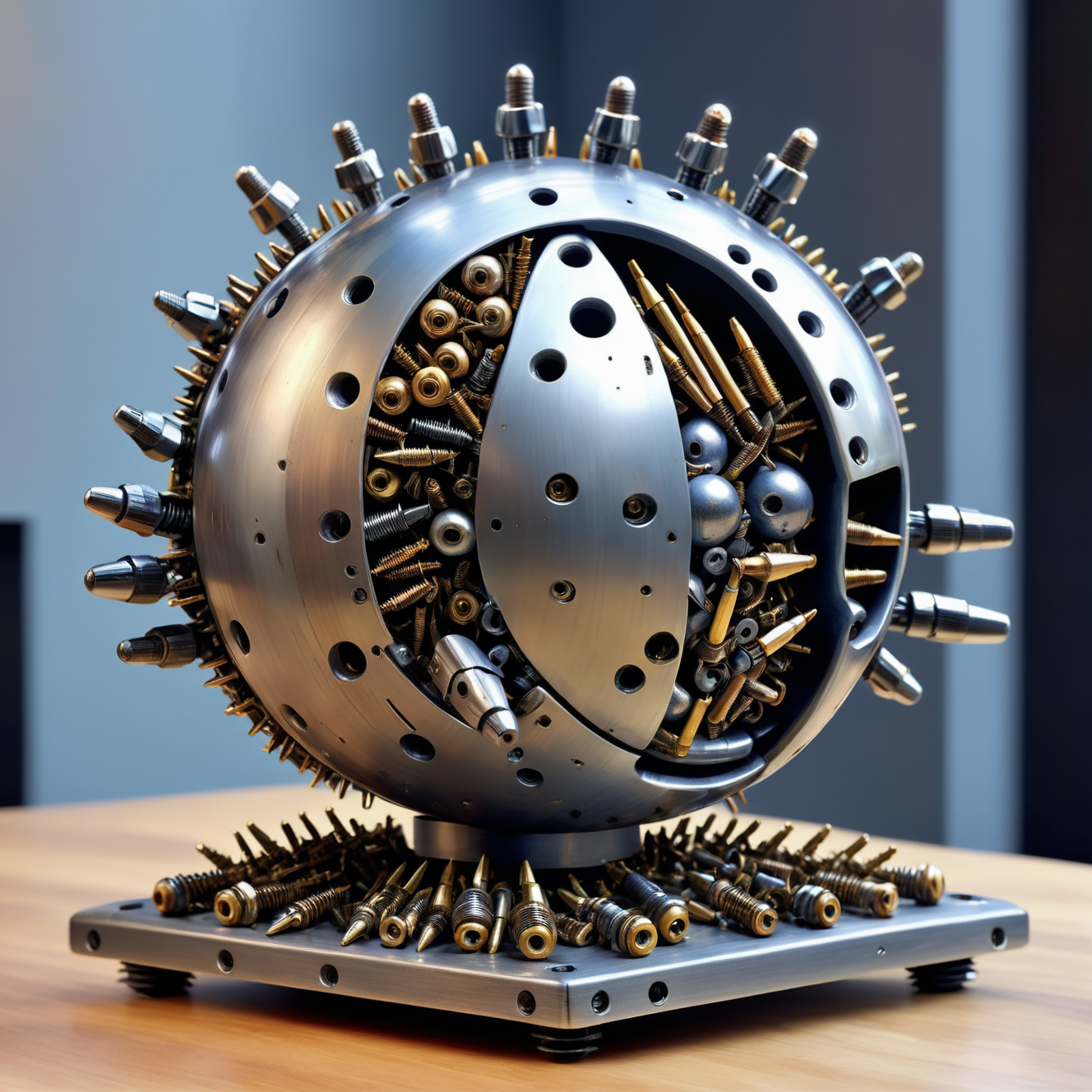 a bowling ball made out of Jed-Screws, photorealistic, full of details, detailed screws,   <lora:SteelScrewsStyle-000006:0.7>