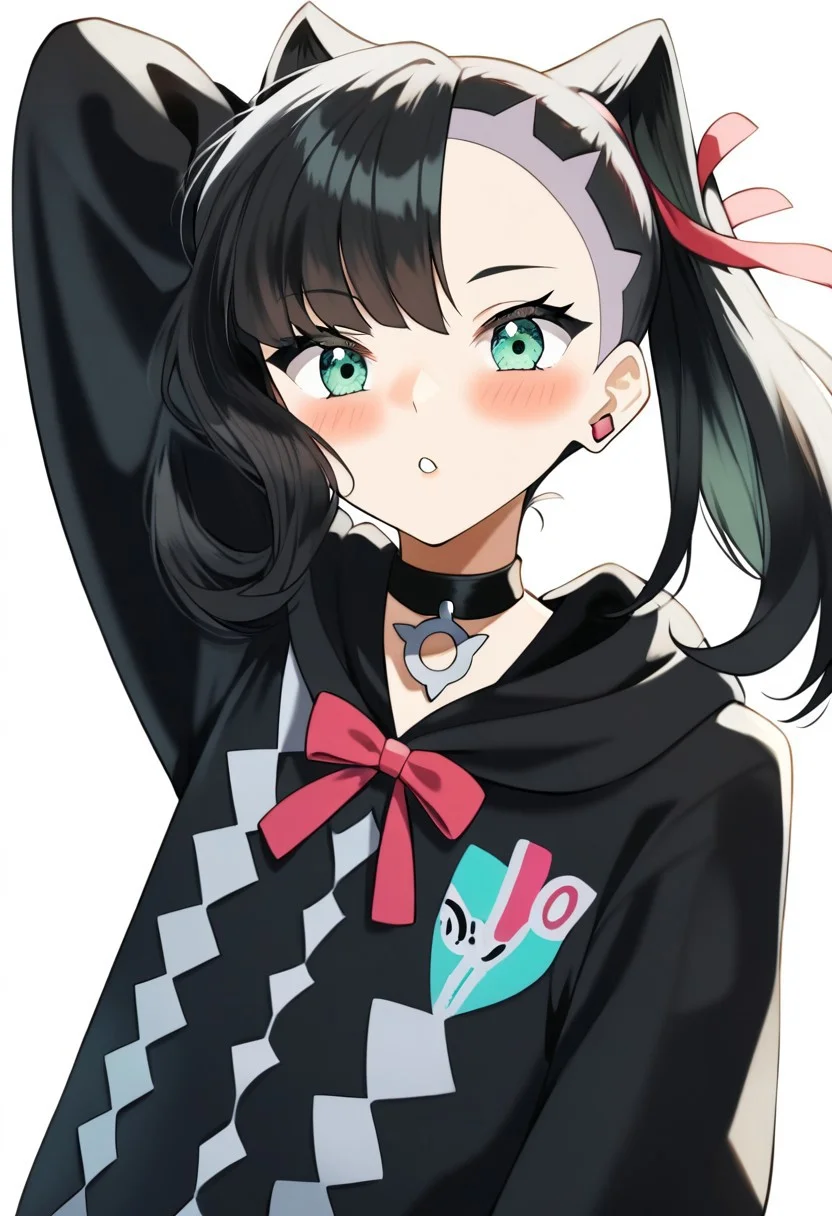 score_9, score_8_up, score_7_up, source_anime, hi res, masterpiece, best quality, highres, rkanime_ps, 1girl, solo, black hair, bangs, white background, hood, blush, looking at viewer, cosplay, choker, asymmetrical bangs, red ribbon, detached sleeves, ribbon, simple background, black choker, hair ribbon, upper body, jewelry, earrings, sleeves past wrists, arm up, sleeveless hoodie, long hair, long sleeves, hoodie, parted lips, alternate costume, green eyes, ChopioMarnie, black hair, medium hair, twintails, undercut, pink hair ribbon, asymmetrical bangs, aqua eyes, eyelashes, pink earrings, looking at viewer, black nail polish,