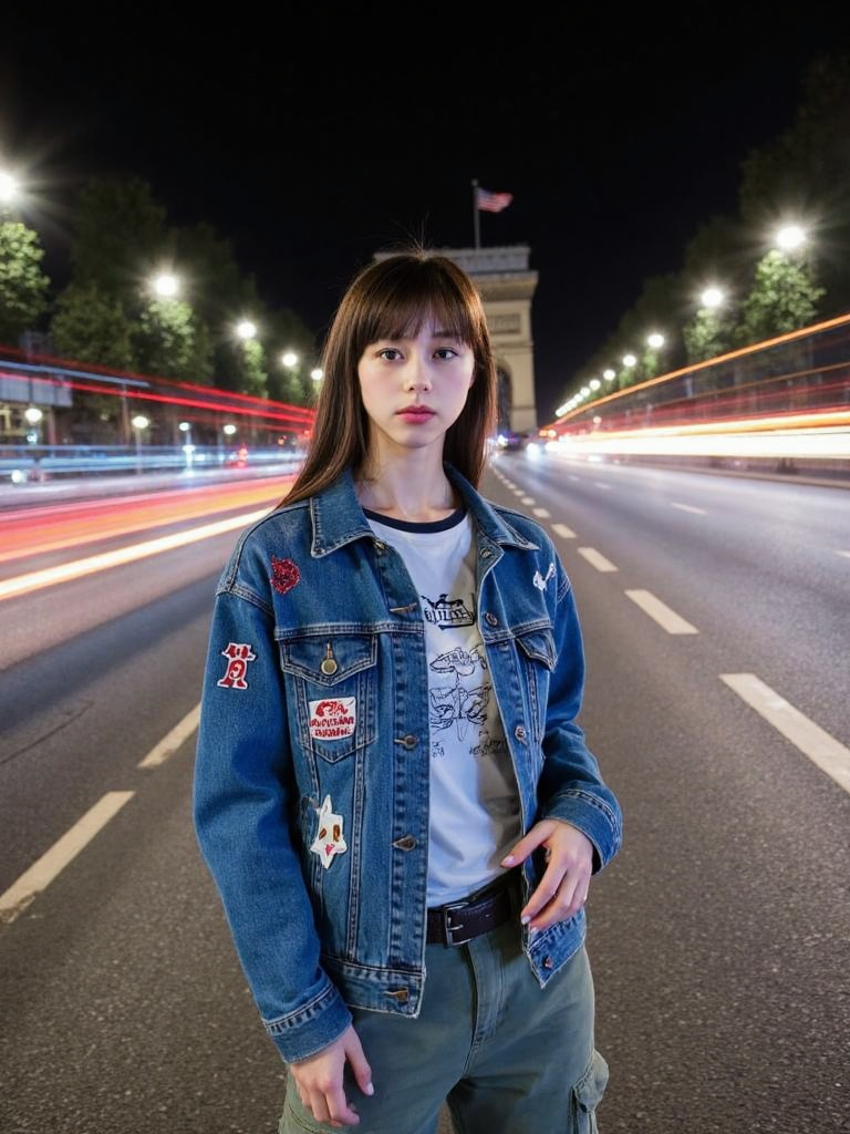 There are wonderful studio lights and various reflections,
18yo beautiful cute girl with blushing and female orgasm.skin naturally showing the texture of blood vessels and detailed pale skin,
--,
<lora:Nakajo_Ayami_f1:1>,she is Nakajo Ayami,
(Denim_jacket_with_patched_artwork:1.5),(Graphic_tee:1.4),(Cargo_pants:1.3), wide-angle lens,she is in the center of the picture,in the middle of the wide road,The car passed by her at high speed,and the headlights drew a bright line of radiation,and the background is the Arc de Triomphe in Paris. The whole atmosphere is bold and psychedelic.,, Blurred motion, streaks of light, surreal, dreamy, ghosting effect, highly detailed,,#å¯æé¨è½¦æµ