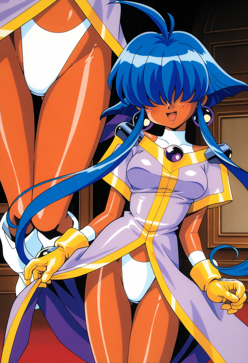 cacao, long_bangs, hair over eyes, long hair, short hair with long locks, blue hair, sidelocks, dark-skinned female, ahoge, dark skin, thigh gap, medium breasts,
earrings, jewelry, light_purple_dress, white _bikini_bottom, yellow gloves, boots,
1990s (style), retro artstyle,
 <lora:cacao_Illustrious-XL_2.0_v1:1>, masterpiece,best quality,amazing quality,1girl, solo, standing, (dynamic pose) , blush,open mouth,light smile, 
looking at viewer,(upper body, close-up),cowboy shot, upper body, 
(indoors, )