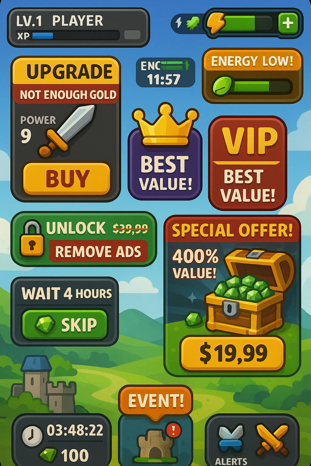 satire and spin on a pay to win mobile game: screenshot from a mobile game which is infested of every scummy pay to win feature available