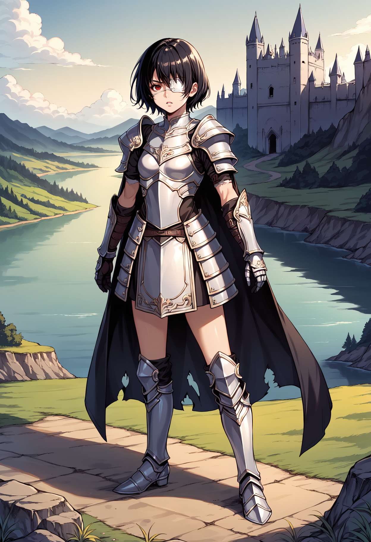 score_9, score_8_up, score_7_up, source_anime, 1girl, solo, looking at viewer, mskr, black hair, short hair, small breasts, armor, breastplate, shoulder armor, white armor, outdoors, fantasy, contrapposto, legs apart, standing, red eyes, eyepatch, gloves, gauntlets, (armored dress), dress, cape, castle, dark clouds, full body, greaves, torn cape, nature, landscape, water, lake, fog, serious, parted lips