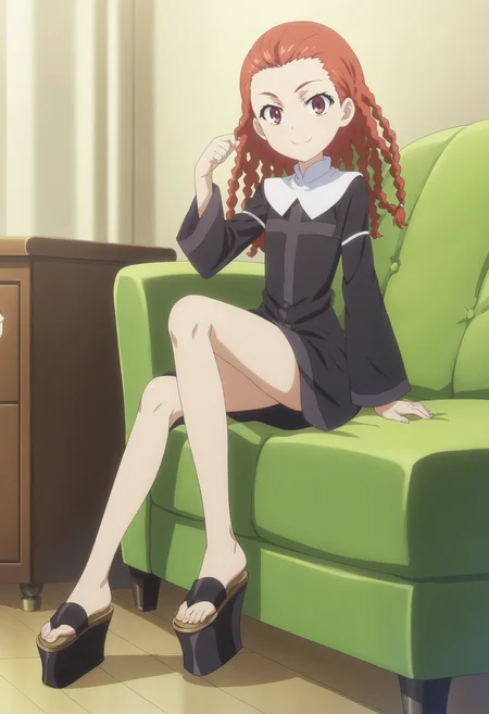 score_9, score_8_up, score_7_up, score_6_up, score_5_up, score_4_up , anime coloring ,BREAK source_anime, anime,screencap,
1girl, solo, agness, black dress, platform footwear, <lora:PonyXL Agnese Sanctis V1:1>
indoors,
smile, looking at viewer,