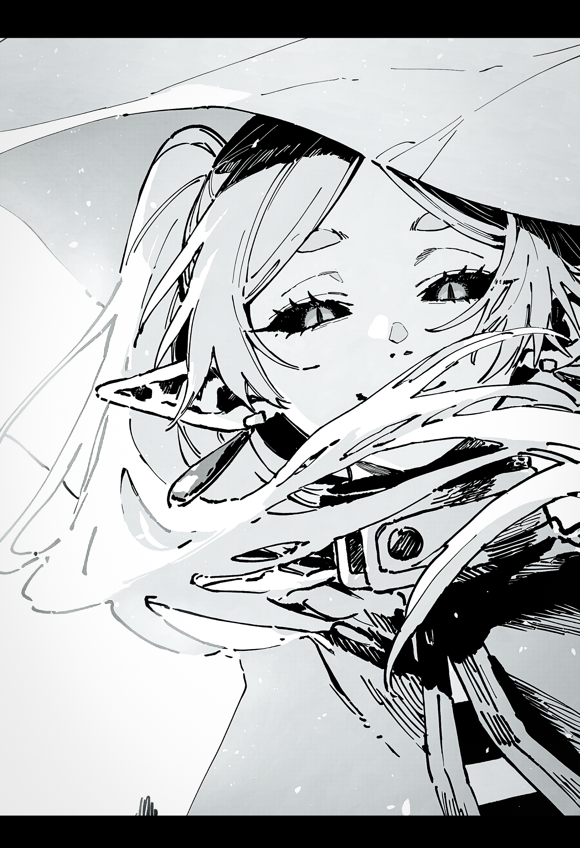 (fujimoto tatsuki \(style\):1.2), (by maki keigo:1.2),  (linear hatching, hatching \(texture\),:1.2) 
newest, very awa, masterpiece, highres, detailed, hyper-detailed, year 2024, year 2023,
frieren, close-up,  black sclera, slit pupils,  smug, half-closed eyes, covered mouth,  floating hair, hair over own face, 
greyscale, monochrome,
<lora:nhl-004:0.5> nhl-004,