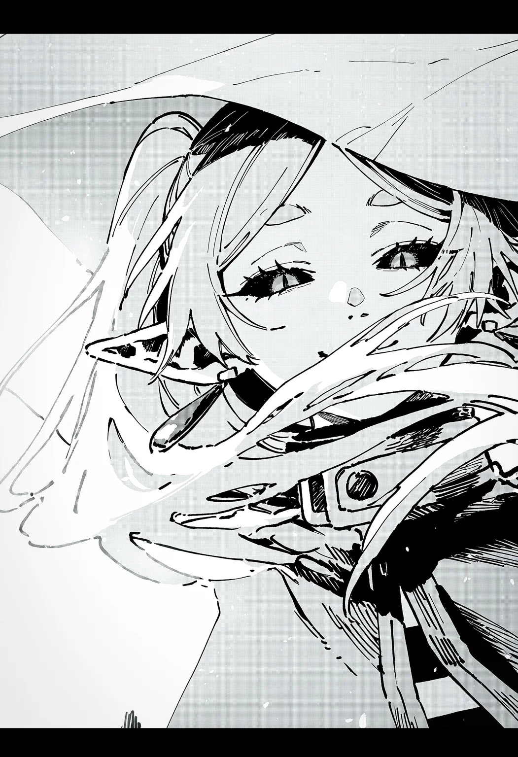 (fujimoto tatsuki \(style\):1.2), (by maki keigo:1.2), (linear hatching, hatching \(texture\),:1.2)
newest, very awa, masterpiece, highres, detailed, hyper-detailed, year 2024, year 2023,
frieren, close-up, black sclera, slit pupils, smug, half-closed eyes, covered mouth, floating hair, hair over own face,
greyscale, monochrome,
<lora:nhl-004:0.5> nhl-004,
