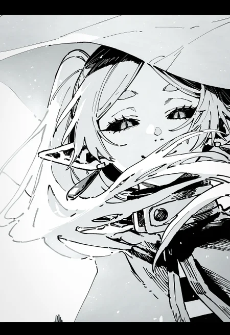 (fujimoto tatsuki \(style\):1.2), (by maki keigo:1.2), (linear hatching, hatching \(texture\),:1.2)
newest, very awa, masterpiece, highres, detailed, hyper-detailed, year 2024, year 2023,
frieren, close-up, black sclera, slit pupils, smug, half-closed eyes, covered mouth, floating hair, hair over own face,
greyscale, monochrome,
<lora:nhl-004:0.5> nhl-004,