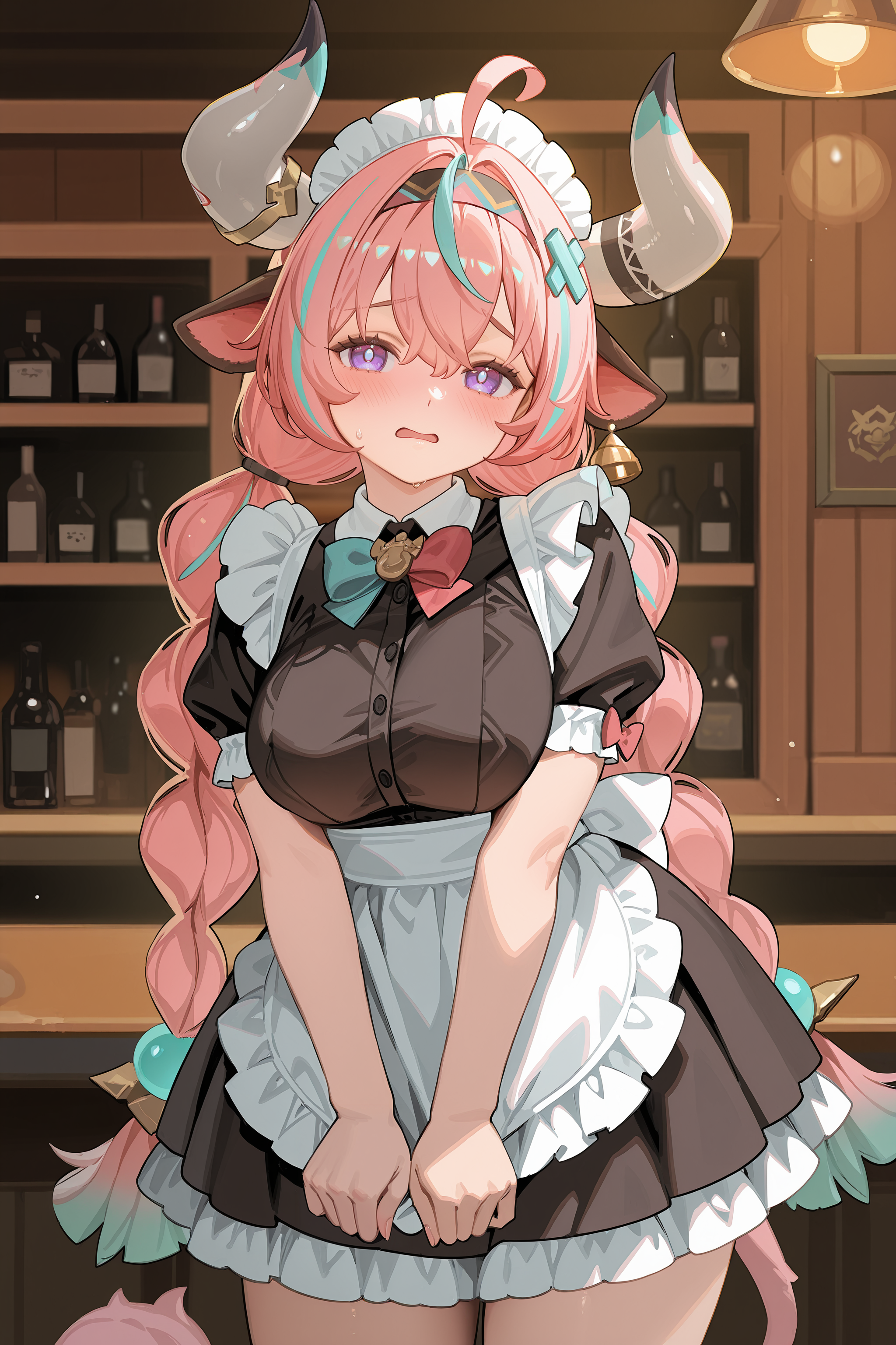 1girl, solo, varesa \(genshin impact\), plump, tail, twin braids, solo, maid, maid headdress, maid apron, embarrassed,  open mouth, blush, parted lips, looking at viewer, cowboy shot, bar \(place\), indoors, depth of field <lora:Char-Genshin-Varesa-V1-IL:0.9:hr=0.6>, plump, kanzaki hiro, ciloranko, alphonse \(white datura\), (ask \(askzy\), gomzi, you shimizu: 0.7)
masterpiece, best quality, amazing quality, very aesthetic, absurdres, newest, (scenery, volumetric lighting), ray tracing, (bloom:1.4), cinematic