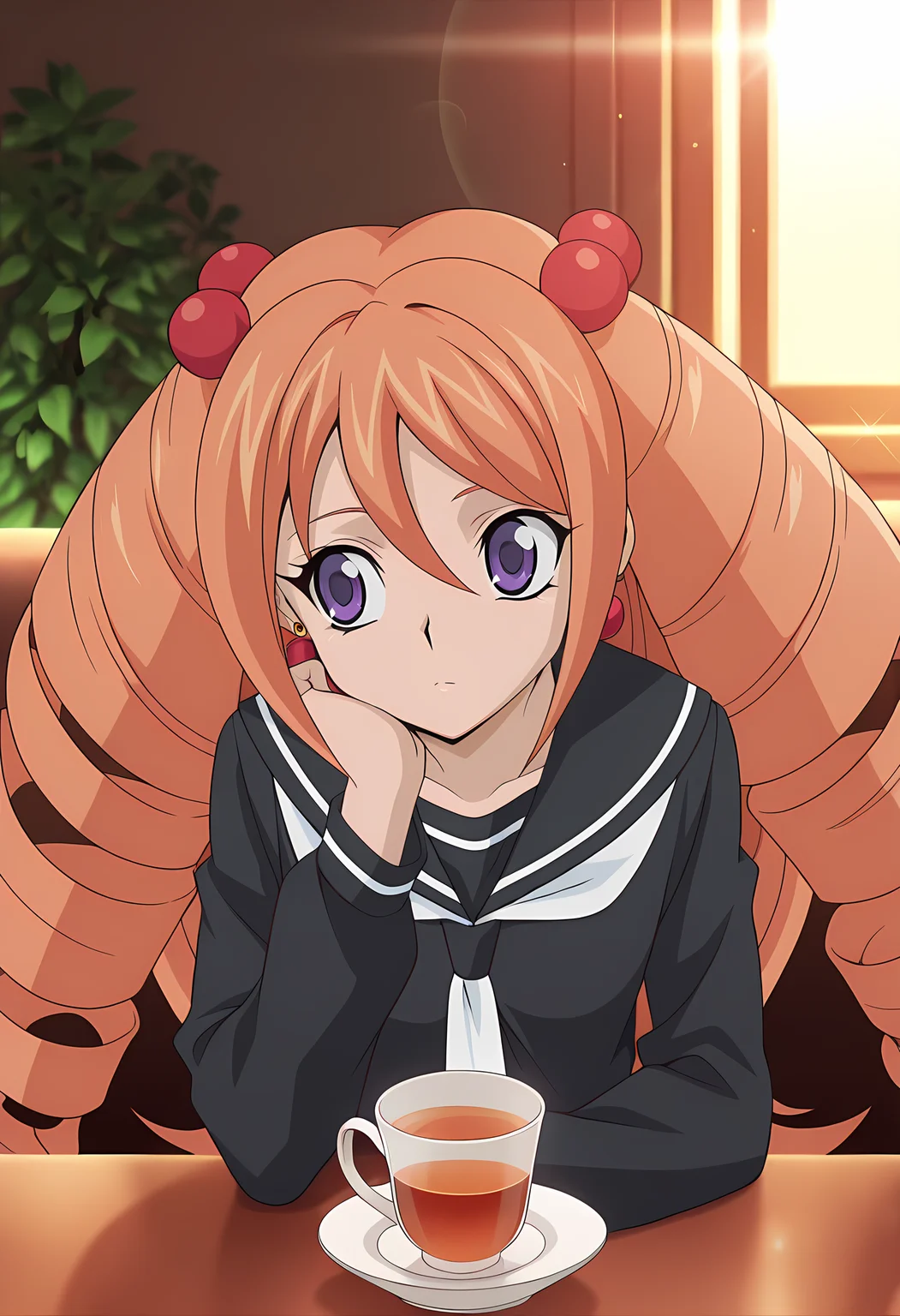 masterpiece,best quality,amazing quality,
1girl, solo, face focus,
Rekka Tatsunagi (Cardfight Vanguard), long hair, orange hair, drill hair, twin drills, purple eyes, earrings, jewelry, hair ornament, hair bobbles, school uniform, serafuku, black sailor collar, long sleeves, pleated skirt, black footwear, mary janes,
cinematic, upper body, cup of tea,
Sit, sitting, glass, cafe, greenery,
afternoon, sunset,
Lens flare, bloom,
Official style, anime screencap, anime coloring,