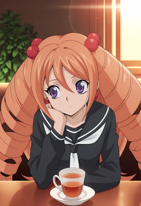 masterpiece,best quality,amazing quality,
1girl, solo, face focus,
Rekka Tatsunagi (Cardfight Vanguard), long hair, orange hair, drill hair, twin drills, purple eyes, earrings, jewelry, hair ornament, hair bobbles, school uniform, serafuku, black sailor collar, long sleeves, pleated skirt, black footwear, mary janes,
cinematic, upper body, cup of tea,
Sit, sitting, glass, cafe, greenery,
afternoon, sunset,
Lens flare, bloom,
Official style, anime screencap, anime coloring,