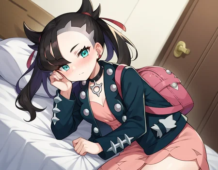 score_9, score_8_up, score_7_up, source_anime,
pokemonmarnie, <lora:pokemon-marnie-ponyxl-lora-nochekaiser:1>
pokemonmarnie, aqua eyes, asymmetrical bangs, asymmetrical hair, black hair, hair ribbon, long hair, red ribbon, ribbon, twintails,
backpack, bag, black choker, black jacket, choker, dress, earrings, jacket, jewelry, long sleeves, open clothes, pink bag, pink dress,
indoors, bed, bed room, on side, blush, drunk,
looking at viewer, cowboy shot, dutch angle,