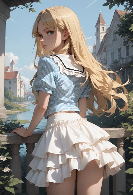 score_9, score_8_up, score_7_up, score_6_up, 1girl, blonde hair, long hair,
layered skirt, striped shirt, short skirt,
white skirt, frilled sailor collar, blue shirt,
looking back,
<lora:sweet_girl_slim_puff_v1.7-pony:1>