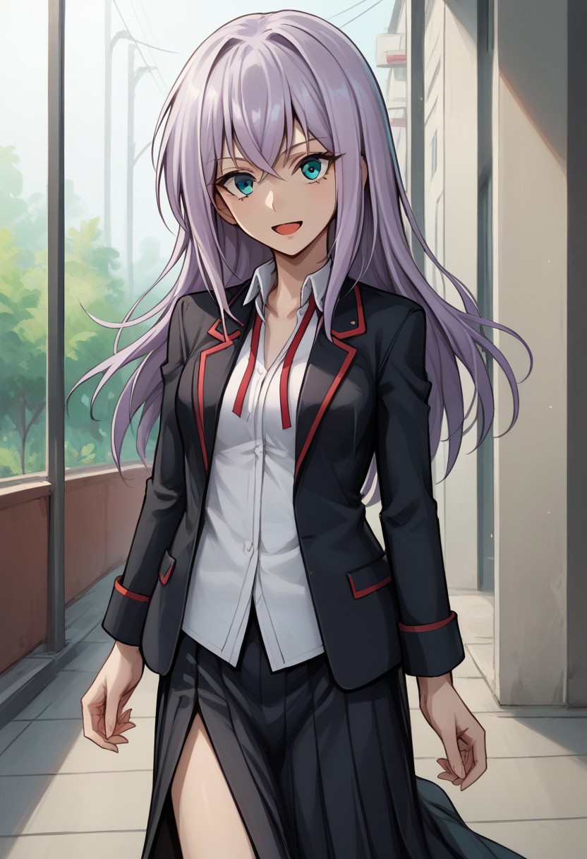 score_9, score_8_up, score_7_up, source_anime, good anatomy, 1girl, solo, MisakiTokura, lavender hair, cyan eyes, long hair, MisakiUniform, uniform, open clothe, open blazer, black blazer with red trim, white shirt, red ribbon, long skirt, side slit, boots, standing, smiling, open mouth, thigh