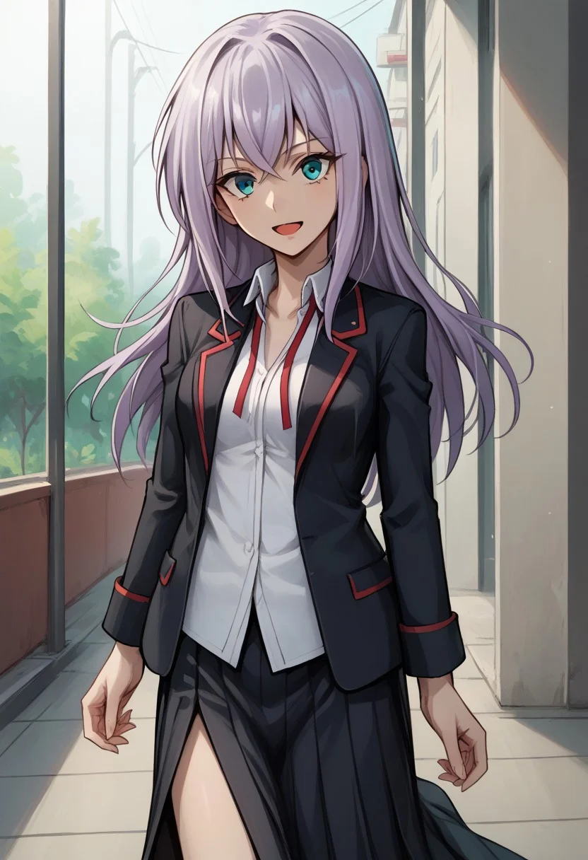 score_9, score_8_up, score_7_up, source_anime, good anatomy, 1girl, solo, MisakiTokura, lavender hair, cyan eyes, long hair, MisakiUniform, uniform, open clothe, open blazer, black blazer with red trim, white shirt, red ribbon, long skirt, side slit, boots, standing, smiling, open mouth, thigh