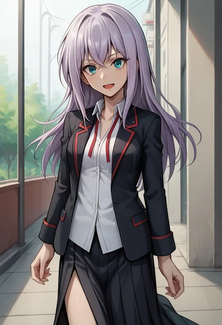 score_9, score_8_up, score_7_up, source_anime, good anatomy, 1girl, solo, MisakiTokura, lavender hair, cyan eyes, long hair, MisakiUniform, uniform, open clothe, open blazer, black blazer with red trim, white shirt, red ribbon, long skirt, side slit, boots, standing, smiling, open mouth, thigh