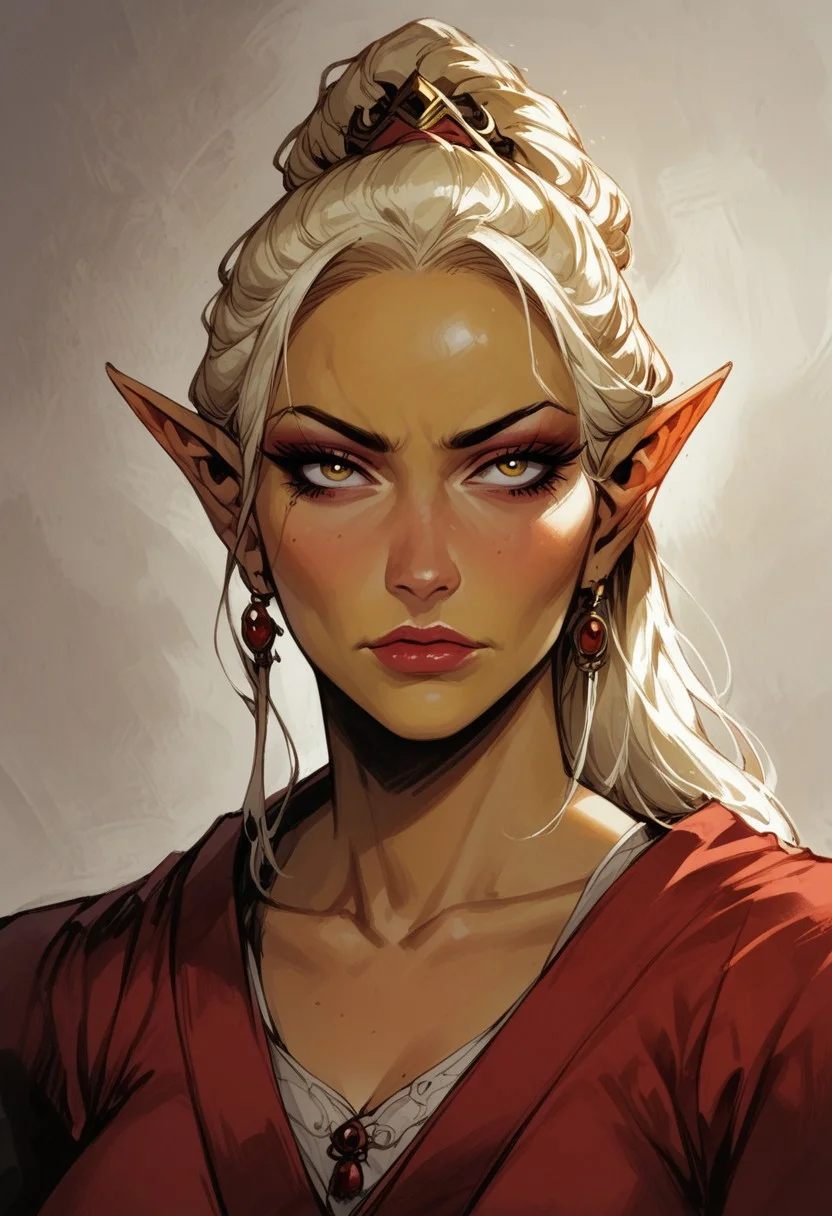 score_9, score_8_up, score_7_up, BREAK,
1girl, mature and imposing, 30 years old, portrait, beautiful, Elf wizard, (((asian, asian woman, golden colored skin, tanned skin, tanned, sunbathed, sunbathed skin))), evil, villain, blonde hair, medium brests, golden eyes, mature, mature woman, long ponytail, single ponytail, side bangs, modest clothing, red fantasy toga, red kimono, closed mouth, arrogant <lora:Fant5yP0ny:0.6> <lora:fantasy_world_pony:0.9>
<lora:Cherry-Gig:0.55>