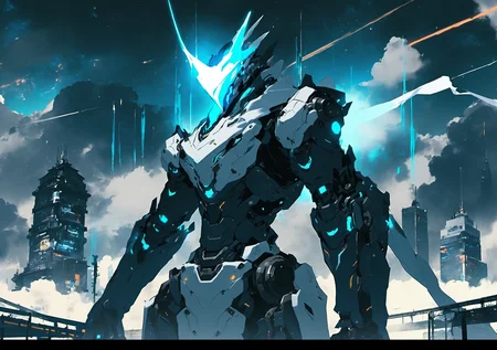 , sky, cloud, holding_weapon, no_humans, glowing, , robot, building, glowing_eyes, mecha, science_fiction, city, realistic,mecha, <lora:[XL]knighthood:1>