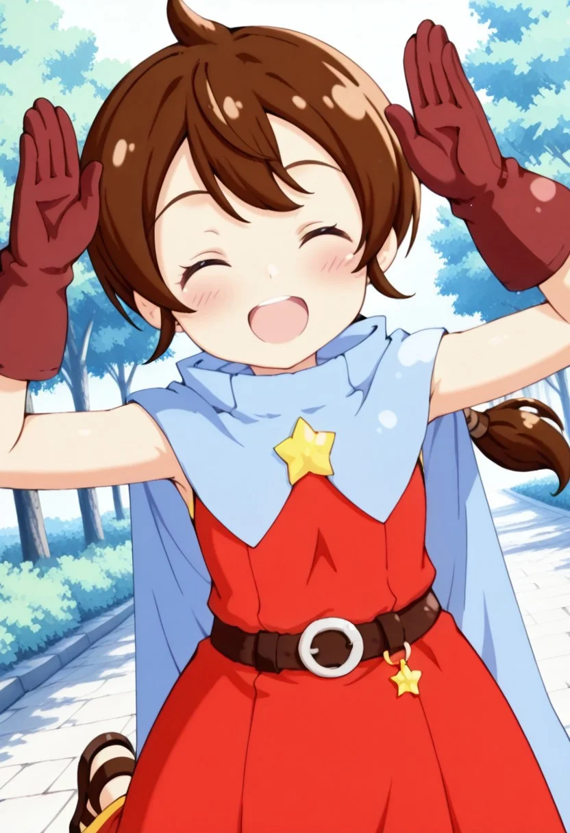 masterpiece,anime_coloring,anime_clothing,amazing_quality,Tokia_DMO, 1girl, solo,gloves, brown hair, (low ponytail), star \(symbol\), cape, sleeveless,red dress, long dress,belt, Sandals, close-up face,open mouth,blush,smile,happy,outdoor,dynamic pose,