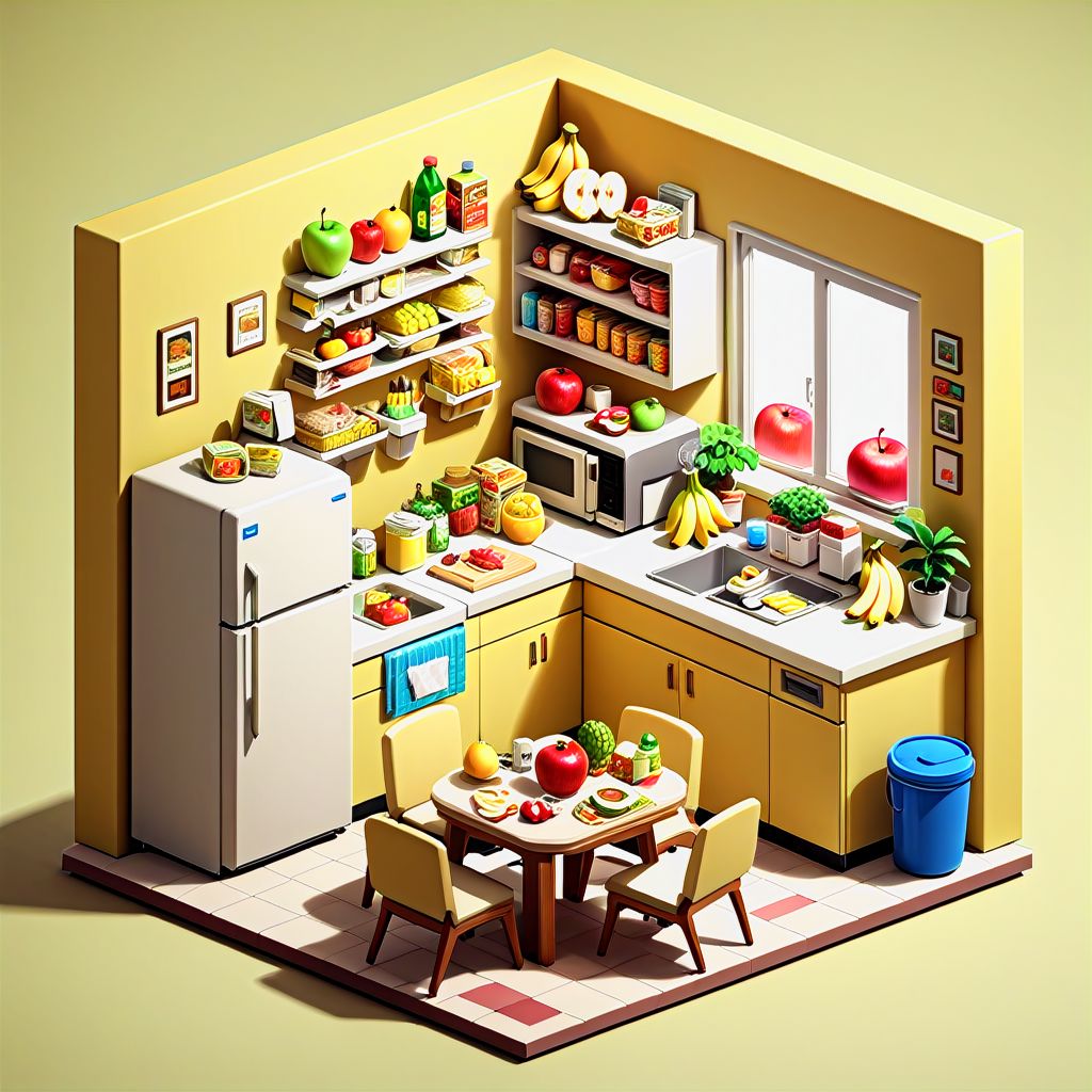 iszsks, food, no humans, fruit, chair, trash can, bottle, banana, refrigerator, kitchen, indoors, table, bowl, plant, computer, desk, tissue box, cup, shelf, apple, bucket, no humans, isometric view, cutaway, diorama, isometric cutaway, masterpiece, best quality