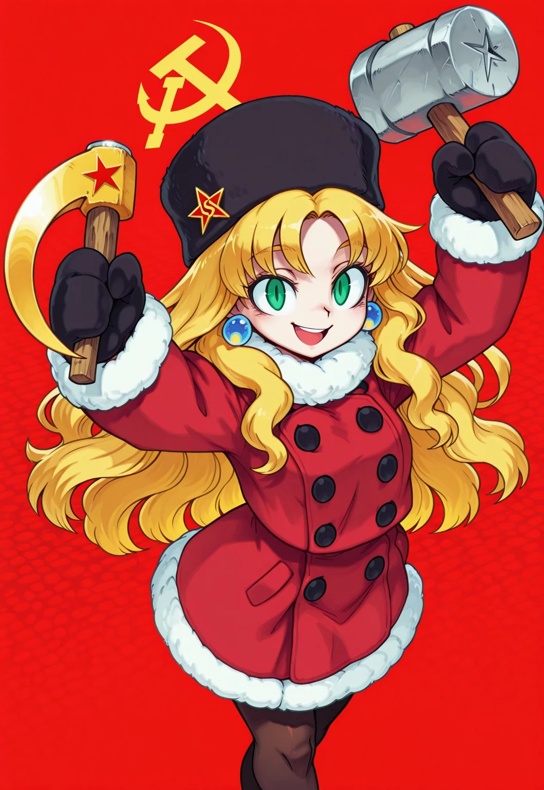 masterpiece, best quality, absurdres, 1girl, solo, Kabrap, blonde hair,long hair,green eyes,bangs, Kalinka,fur hat,bangs,red coat,blonde hair,green eyes,wavy hair,short hair, winter clothes,fur trim,buttons,earrings,pantyhose,jewelry,black mittens, black hat, from above, abstract background, red background, arms up, holding hammer, holding sickle, evil eyes, smile, open mouth, dual wielding, hammer and sickle, communism