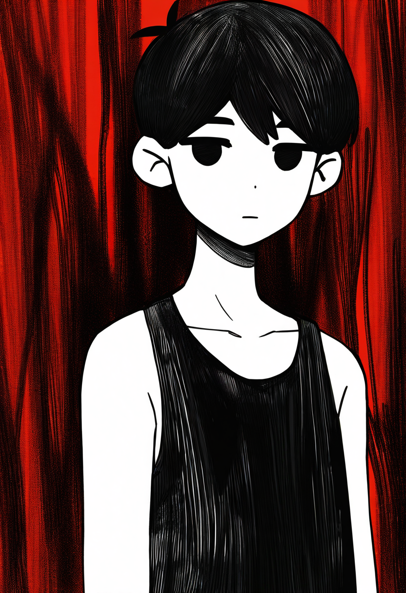 masterpiece, best quality, very aesthetic, absurdres,
 monochrome, greyscale, sketch, 1boy, black eyes, black hair, short hair, black tank top, 
closed mouth, expressionless, looking at viewer , red background,     <lora:OmoriNoobLocon_byKonan:1>