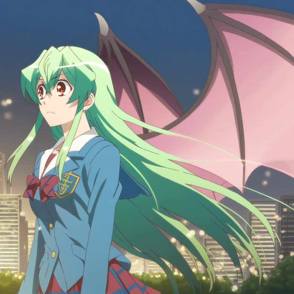 score_9, solo, youko_shiragami, green hair, long hair, school uniform, wings, outdoors, city, natural lighting