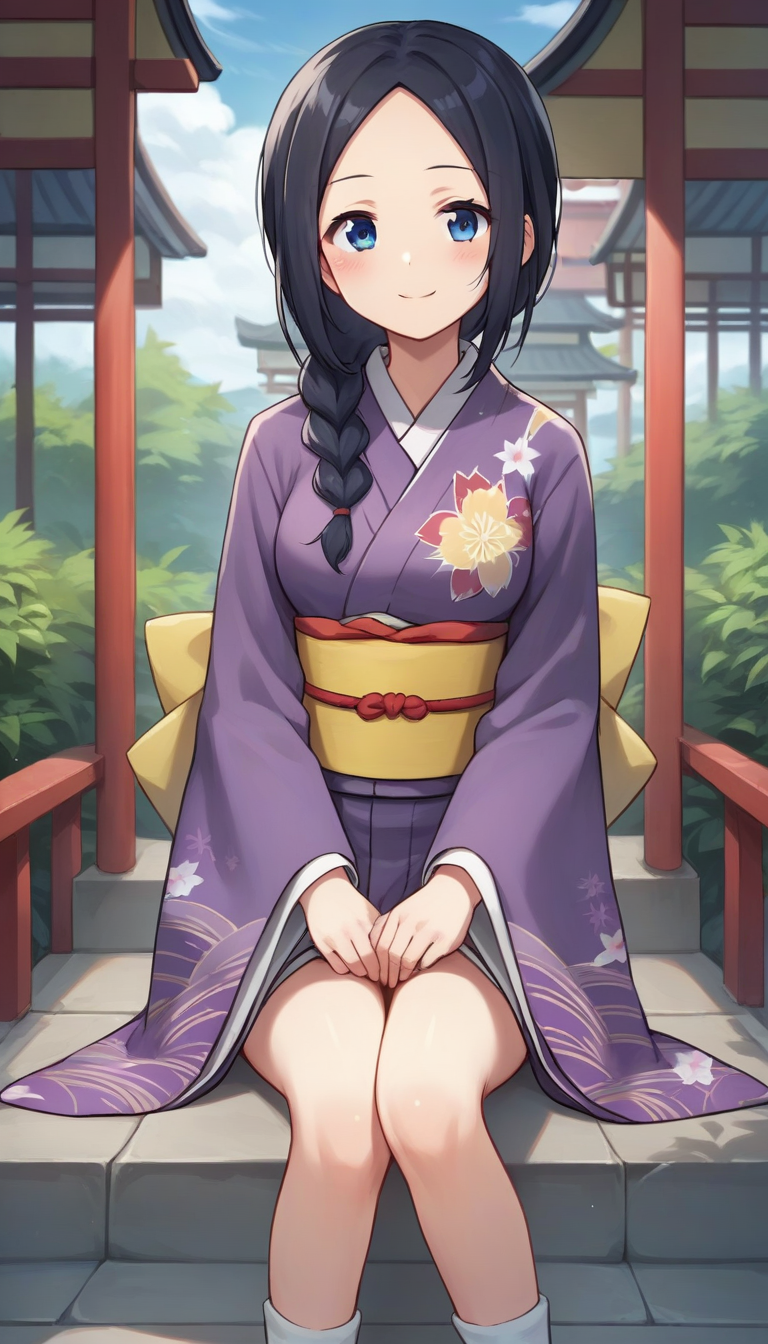 score_9,score_8_up,masterpiece,best quality,correct anatomy,anime_source,1girl,solo,perfect eyes,perfect arms,perfect legs,perfect face,outdoors,upper body,(portrait:1.5),looking at viewer,facing viewer,smile,blush,Miki Tachibana,long hair,black hair,single braid,hair over shoulder,hair between eyes,parted bangs,forehead,blue eyes,japanese clothes,purple kimono,print kimono,yellow obi,sash,wide sleeves,long sleeves,medium breasts,white socks,clog sandals,<lora:Miki Tachibana(huc)-Pony:0.9>,