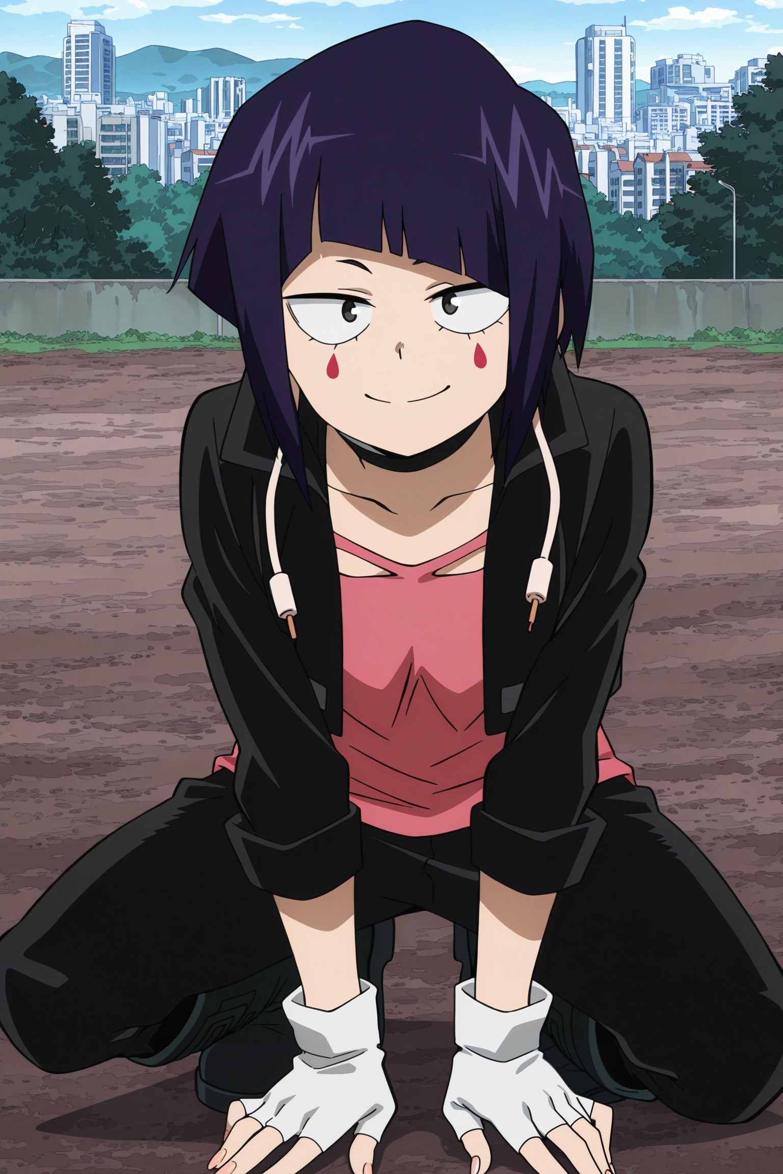 anime screencap, anime coloring, detailed face, masterpiece, best quality, very aesthetic, absurdres, volumetric lighting, official style, amazing quality, ultra detailed,  highres, amazing quality, scenery, beautiful detailed hair, beautiful detailed eyes,
<lora:StS-Illustrious-Detail-Slider-v1.0:4>
outdoors, buildings,
<lora:Kyoka_Jiro_My_Hero_Academia:1>
Hearing Hero (outfit), Kyoka Jiro (character), jirou kyouka, 1girl, fingerless gloves, audio jack, jacket, black jacket, shirt, gloves, short hair, facial mark, boots, pants, purple hair,  black pants, black eyes
looking at the viewer, smile,
