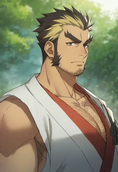 1boy, genji, long sideburns, thick eyebrows, multicolored hair, sleeveless kimono, forest environment, score_8_up, score_7_up, score_6_up, score_9_up, face_focus, fantasy, ((middle-age man)), hairy, muscular, centered, looking at viewer,  8k uhd, high quality,