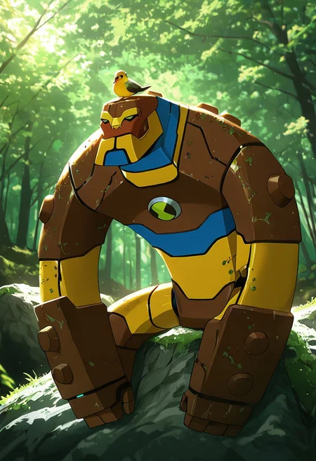 masterpiece, best quality, amazing quality, very aesthetic, absurdres, newest,, detailed background,
movie scene, cinematic scene, cinematic,
bloxx, robot, mecha, solo, armor, green eyes,, massive arms, upper body, , big head, massive head, short legs,
bright day, in forest, brown body, gray body, made from metal. made from wood, made from rock, moss growing on body, sitting on rock, bird on head,