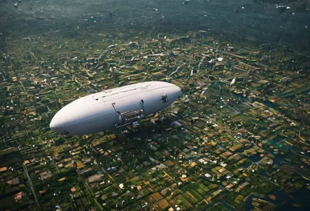Realistic photo of Sci fi of floating city on floating island suspended from giant zeppelin by robes,the land below has rivers and fields,steem punk ،SyFyEye1, LoDe+Ro style, LoDe+Robots Style, Love Death + Robots style, Love,Death & Robots style