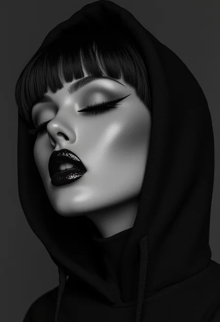 ArtfulNSFW, high-quality full hd 8k, professional cinematic epic movie scene, masterpiece, very aesthetic, 1girl, (18yo), 
best quality, masterpiece, HDR photorealistic image, extremely detailed, great lighting, woman, adult, beautiful girl, curvy body, cute, oval face), 
(Makeup touch-up, cheek, mascara, lipstick, eyeshadow, foundation, concealer, eyeliner), perfect lighting, High Definition HD, High Detail, Perfect Composition, dark fantasy movie, cowboy shot), 
A striking black and white portrait of a woman who exudes elegance and mystery. Her skin is soft and porcelain, contrasting strongly with her dark and bright red lips that are slightly separated, adding a feeling of charm. Her eyes are almost closed, with long and delicate eyelashes that cast subtle shadows on her eyelids. She wears an elegant hood that gracefully covers around her head, framing her face and emphasising her sharp and sculpted features. Her dark and blunt bangs fall perfectly on her forehead, adding a dramatic and modern touch. No hands.The whole composition is minimalist but intense, creating a captivating atmosphere of sophistication and mystery, photorealistic. Showing big breasts.
(Photography by Mimoza Veliu and Mario Giacomelli:1.2), (((Bright and use of high contrast:1.5)))