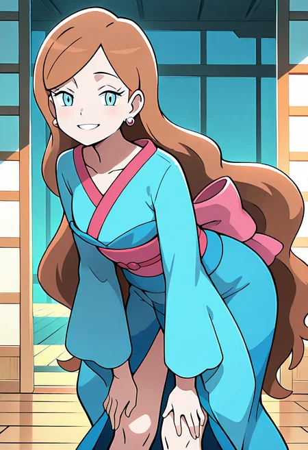 masterpiece, best quality, 1girl, solo, looking at viewer, smile, zzLinnea, blue eyes, brown hair, long hair, earrings, blue kimono, sash, , <lora:LinneaPokemon_IXL_v2:1.0>, bent over, hands on knees, side view, flirty smile, cowboy shot, looking at viewer,