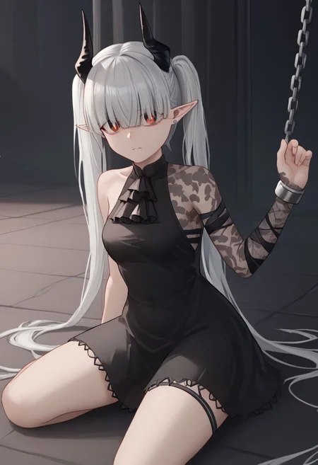 1girl, solo, tehepero, dojikko pose, chained_sarkaz_girl, black dress, single leg pantyhose, asymmetrical clothes, patterned clothes, single sleeve, black sock, kneehigh, black footwear, high heels, black ascot, hair over eyes, eyes visible through hair, demon horns, blunt bangs, red eyes, pointy ears, pale skin, white hair, grey hair, twintails