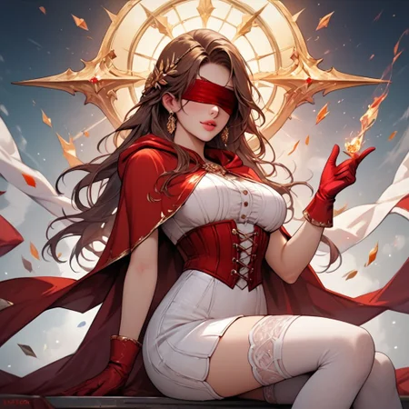(score_9), (score_8_up), (score_7_up), (score_6_up), (score_5_up), (score_4_up), (masterpiece), best quality, detailed eyes, female, long hair, brown hair, red blindfold, large breasts, short white dress, red corset, red gloves, red hooded cloak, gold trim, white stockings, red boots, fire magic