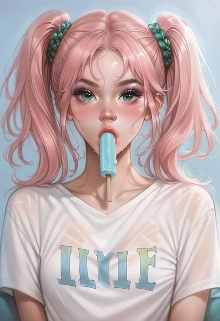 score_9, score_8_up, score_7_up, masterpiece, best quality, s4m41n3gl0w,SamaineGlow,Samaine Glow,1girl, solo, skinny, natural small breasts, blue eyes, pink candy hair, two pigtails, green elastic scrunchie, makeup, green eye shadows, (black long eyes arrows), blush, yellow short t-shirt with pattern of hearts, blue manicure, BREAK sucking green popsicle, popsicle in mouth, BREAK medium shot, blue background