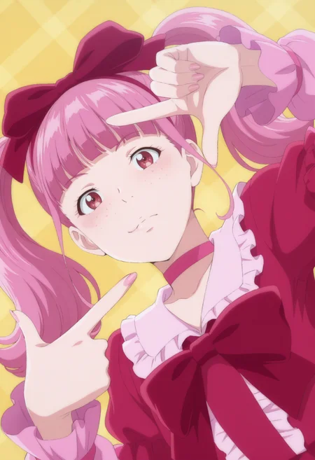 anime screencap, anime coloring, 1girl,  solo,    <lora:DX888TerukoIL:1> matsubara teruko, red eyes,freckles, pink hair, long hair, idol, frilled dress,  choker, hair bow, twintails,BREAK yellow background, plaid background, BREAK dutch angle,  from below, dynamic pose, posing, smile,       finger frame, lying, on side,  upper body,